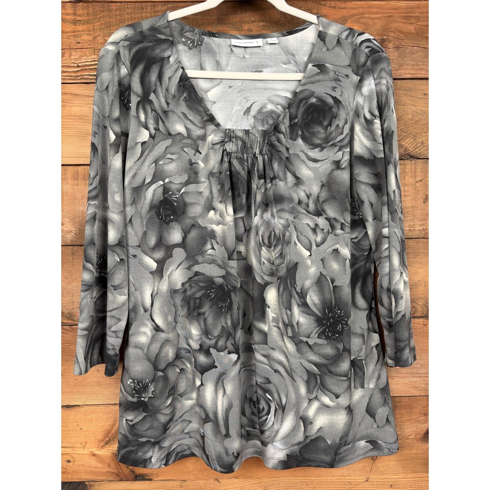 Susan Graver Blouse Womens Large Rose Floral V Neck Pleated 3/4 Sleeve Top